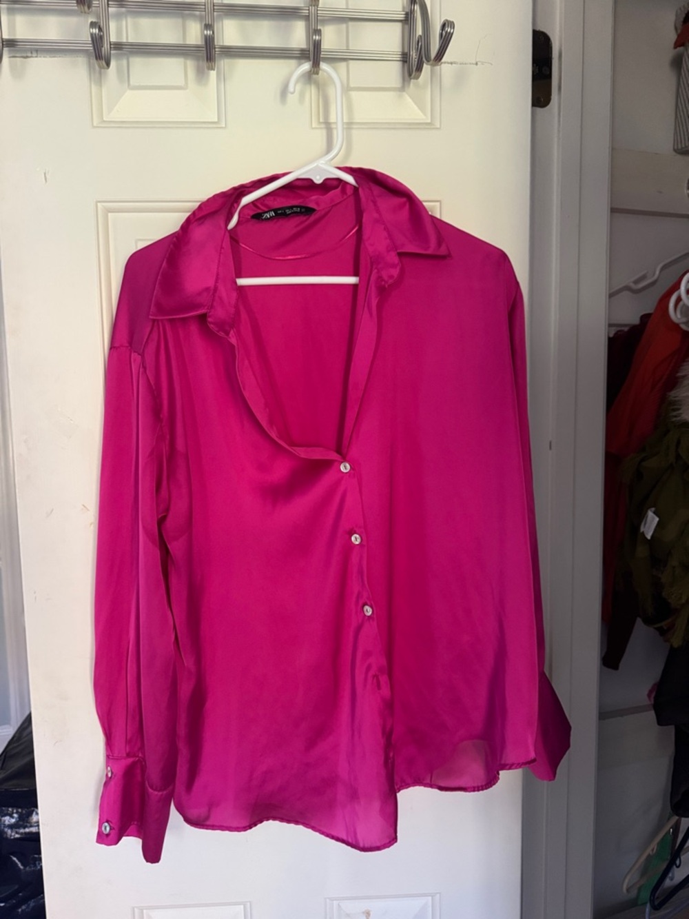 Zara Bright Fuchsia Satin Button-Down Shirt